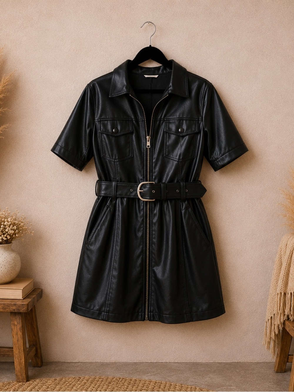 NWT- Universal threads faux leather mini dress with a zipper and a belt loops